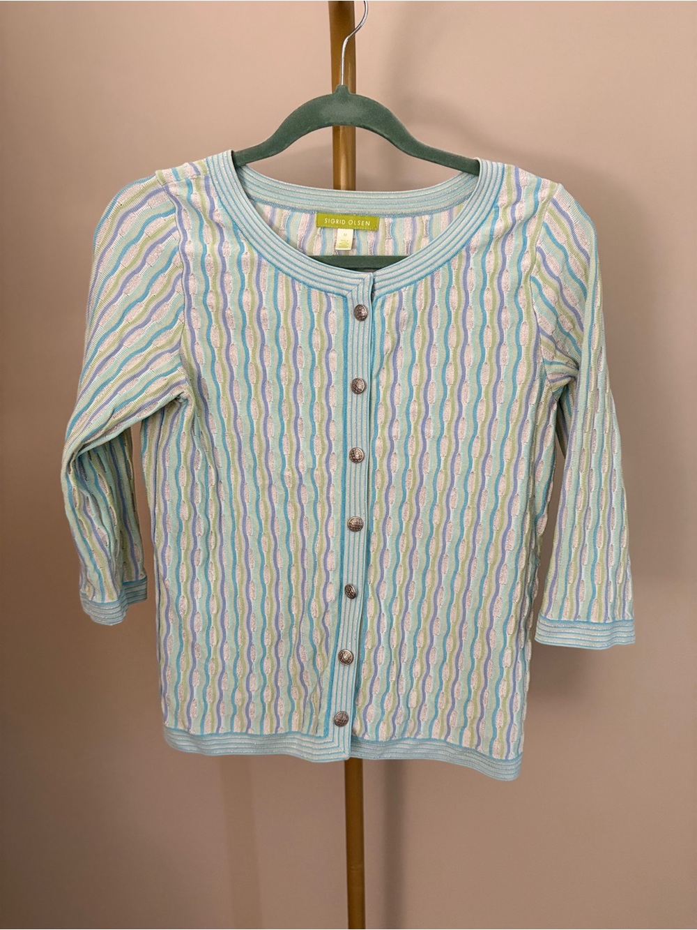 Vintage Sigrid Olsen Silk Blend Metallic Wave Knit Cardigan - Light Blue/Pastel